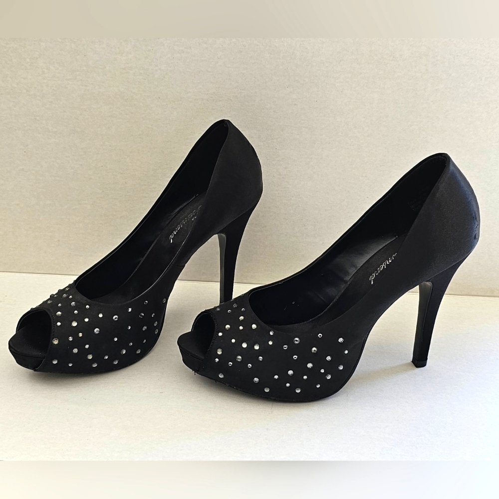 Lulu Townsend Black Satin Peep Toe Heel Pumps with Rhinestone Accent Detail